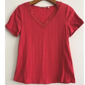 Soft Surroundings Coral Crochet V- Neckline Short Sleeves Ribbed T Shirt Size XS